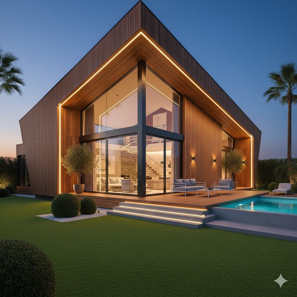 Konsept villa — asimetrik çatı, ahşap cephe ve havuz
