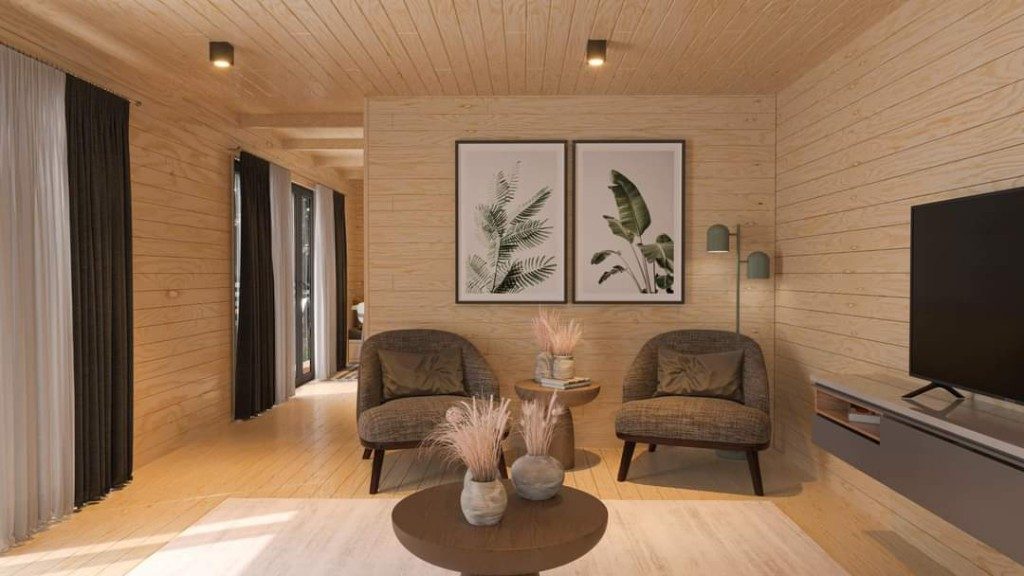 Ahşap tiny house — akşam aydınlatması